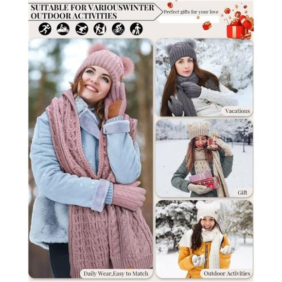 Winter Hat Scarf Glove Set for Women, Fleece Lined Beanie main image 7
